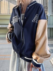 FRIFUL Women's Autumn Colorblock Patchwork PU Large Letter Print Regular Jacket - Navy Blue - View 4