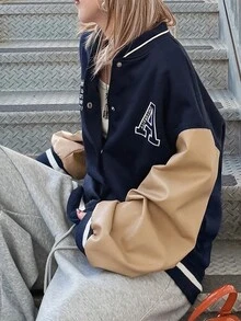 FRIFUL Women's Autumn Colorblock Patchwork PU Large Letter Print Regular Jacket - Navy Blue - View 7
