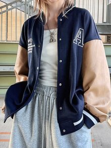 FRIFUL Women's Autumn Colorblock Patchwork PU Large Letter Print Regular Jacket - Navy Blue - View 8