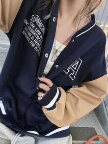 FRIFUL Women's Autumn Colorblock Patchwork PU Large Letter Print Regular Jacket - Navy Blue - View 5