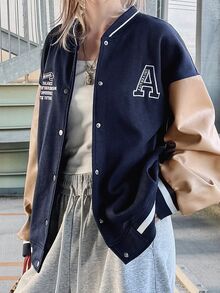 FRIFUL Women's Autumn Colorblock Patchwork PU Large Letter Print Regular Jacket - Navy Blue - View 6