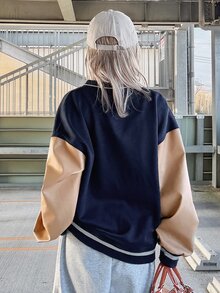 FRIFUL Women's Autumn Colorblock Patchwork PU Large Letter Print Regular Jacket - Navy Blue - View 2