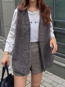 FRIFUL Women's Autumn Solid Color Lambswool Vest Regular Jacket - Grey - View 2
