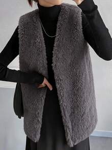 FRIFUL Women's Autumn Solid Color Lambswool Vest Regular Jacket - Grey - View 1