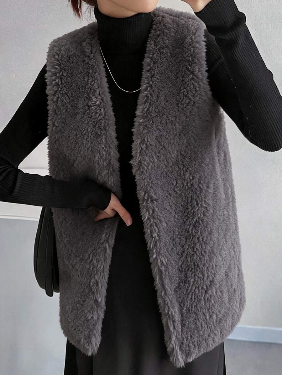 FRIFUL Women's Autumn Solid Color Lambswool Vest Regular Jacket - Grey - View 1