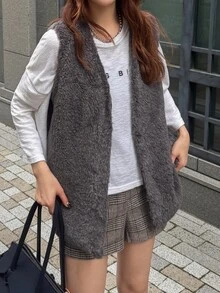 FRIFUL Women's Autumn Solid Color Lambswool Vest Regular Jacket - Grey - View 5