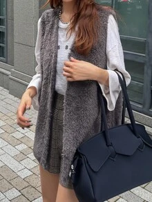 FRIFUL Women's Autumn Solid Color Lambswool Vest Regular Jacket - Grey - View 8