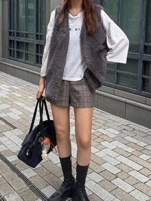FRIFUL Women's Autumn Solid Color Lambswool Vest Regular Jacket - Grey - View 4
