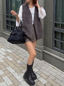 FRIFUL Women's Autumn Solid Color Lambswool Vest Regular Jacket - Grey - View 7