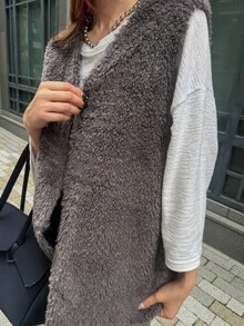 FRIFUL Women's Autumn Solid Color Lambswool Vest Regular Jacket - Grey - View 6