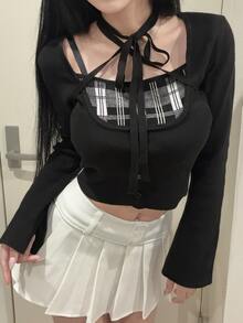 FRIFUL Women's Patchwork Plaid Long Sleeve Tie Neck Sweater - Black - View 7
