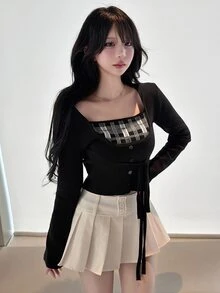 FRIFUL Women's Patchwork Plaid Long Sleeve Tie Neck Sweater - Black - View 3