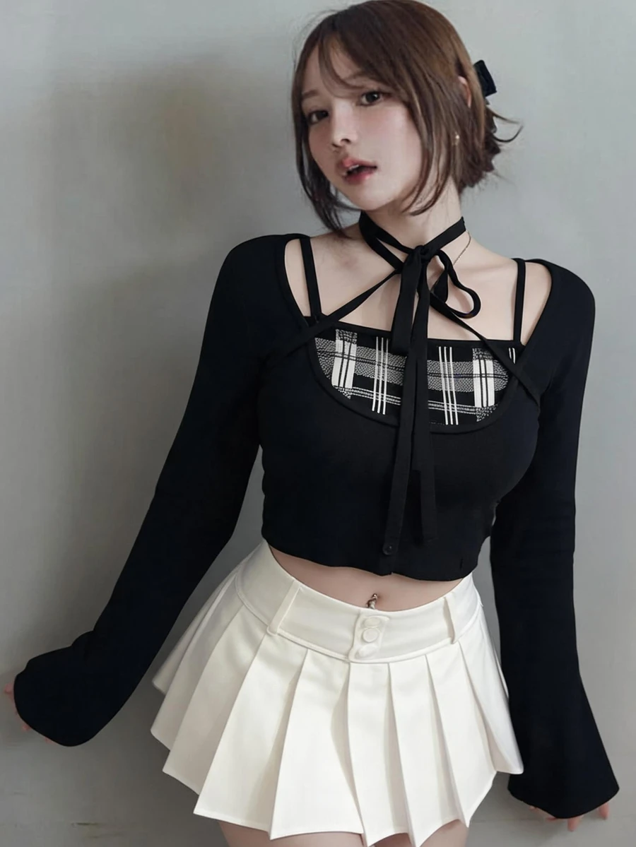 FRIFUL Women's Patchwork Plaid Long Sleeve Tie Neck Sweater - Black - View 1