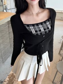 FRIFUL Women's Patchwork Plaid Long Sleeve Tie Neck Sweater - Black - View 4