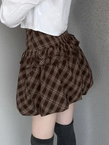 FRIFUL Women's Korean Style Plaid Ruffle Trim Skirt, College Style - Brown - View 3