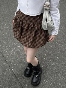 FRIFUL Women's Korean Style Plaid Ruffle Trim Skirt, College Style - Brown - View 8