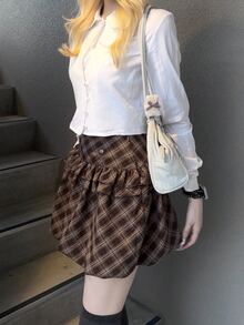 FRIFUL Women's Korean Style Plaid Ruffle Trim Skirt, College Style - Brown - View 5