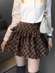 FRIFUL Women's Korean Style Plaid Ruffle Trim Skirt, College Style - Brown - View 6