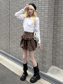 FRIFUL Women's Korean Style Plaid Ruffle Trim Skirt, College Style - Brown - View 7
