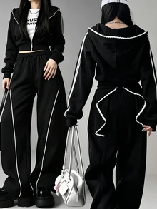 FRIFUL Women's Side Stripe Zipper Front Hooded Sweatshirt And Sweatpants Casual 2 Pieces Set - Black - View 7