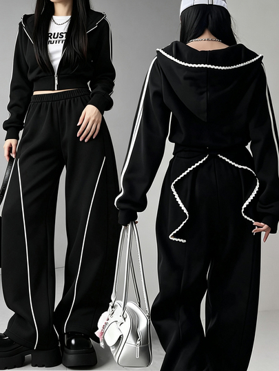 FRIFUL Women's Side Stripe Zipper Front Hooded Sweatshirt And Sweatpants Casual 2 Pieces Set