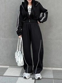 FRIFUL Women's Side Stripe Zipper Front Hooded Sweatshirt And Sweatpants Casual 2 Pieces Set - Black - View 9
