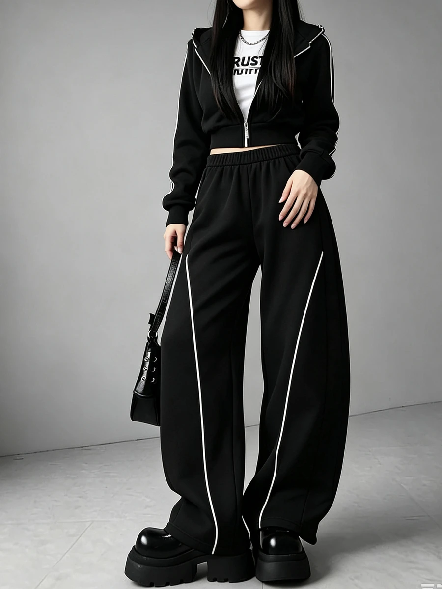 FRIFUL Women's Side Stripe Zipper Front Hooded Sweatshirt And Sweatpants Casual 2 Pieces Set - Black - View 1