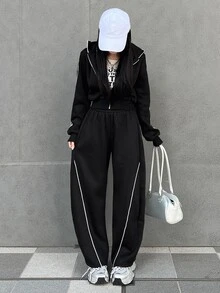 FRIFUL Women's Side Stripe Zipper Front Hooded Sweatshirt And Sweatpants Casual 2 Pieces Set - Black - View 4