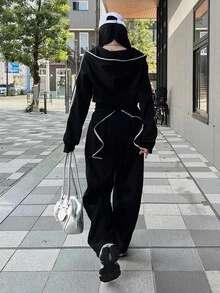 FRIFUL Women's Side Stripe Zipper Front Hooded Sweatshirt And Sweatpants Casual 2 Pieces Set - Black - View 2
