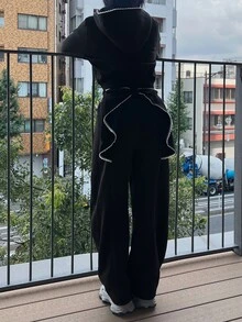 FRIFUL Women's Side Stripe Zipper Front Hooded Sweatshirt And Sweatpants Casual 2 Pieces Set - Black - View 3