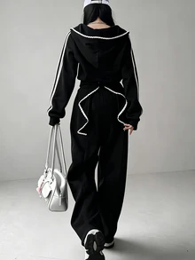 FRIFUL Women's Side Stripe Zipper Front Hooded Sweatshirt And Sweatpants Casual 2 Pieces Set - Black - View 8