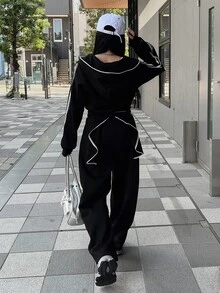 FRIFUL Women's Side Stripe Zipper Front Hooded Sweatshirt And Sweatpants Casual 2 Pieces Set - Black - View 5
