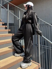 FRIFUL Women's Side Stripe Zipper Front Hooded Sweatshirt And Sweatpants Casual 2 Pieces Set - Black - View 6