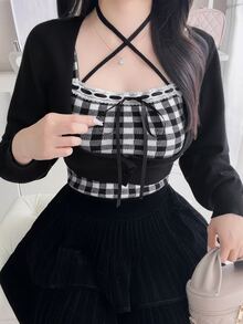 FRIFUL Women's Autumn Clothing Inner Layer Plaid Camisole With Tie-Up Bow Decor Sweater 2 Pieces Set - Black - View 9