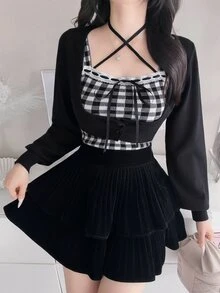 FRIFUL Women's Autumn Clothing Inner Layer Plaid Camisole With Tie-Up Bow Decor Sweater 2 Pieces Set - Black - View 5
