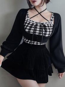 FRIFUL Women's Autumn Clothing Inner Layer Plaid Camisole With Tie-Up Bow Decor Sweater 2 Pieces Set - Black - View 1