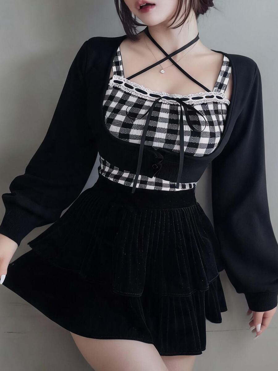 FRIFUL Women's Autumn Clothing Inner Layer Plaid Camisole With Tie-Up Bow Decor Sweater 2 Pieces Set - Black - View 1