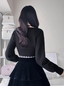 FRIFUL Women's Autumn Clothing Inner Layer Plaid Camisole With Tie-Up Bow Decor Sweater 2 Pieces Set - Black - View 2