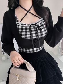 FRIFUL Women's Autumn Clothing Inner Layer Plaid Camisole With Tie-Up Bow Decor Sweater 2 Pieces Set - Black - View 6