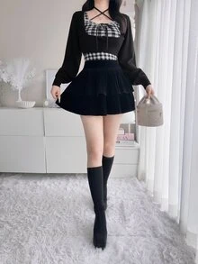 FRIFUL Women's Autumn Clothing Inner Layer Plaid Camisole With Tie-Up Bow Decor Sweater 2 Pieces Set - Black - View 3
