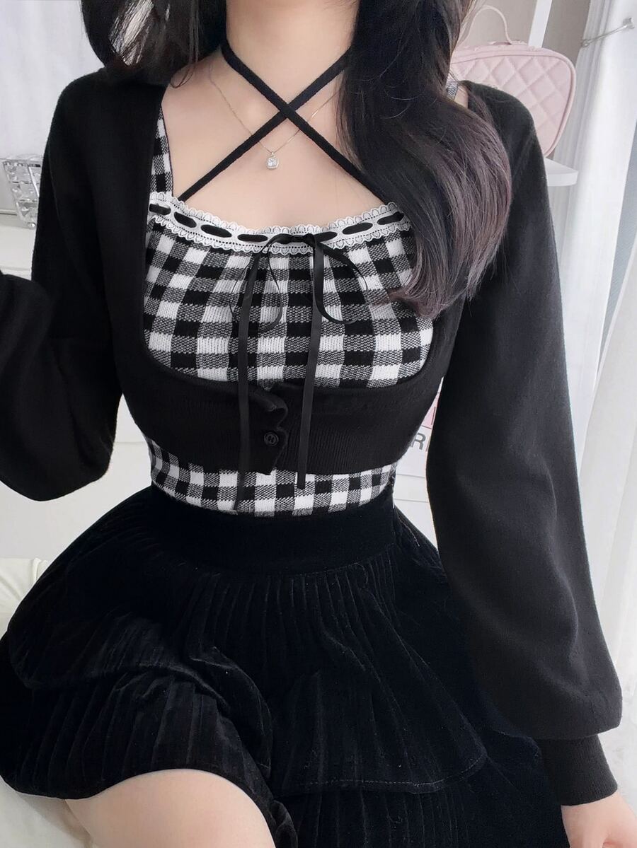 FRIFUL Women's Autumn Clothing Inner Layer Plaid Camisole With Tie-Up Bow Decor Sweater 2 Pieces Set - Black - View 1