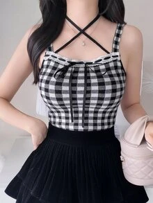 FRIFUL Women's Autumn Clothing Inner Layer Plaid Camisole With Tie-Up Bow Decor Sweater 2 Pieces Set - Black - View 7