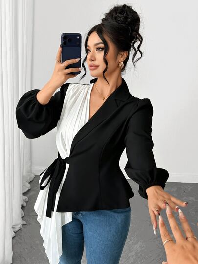 Elenzga Blus Wanita Ukuran Besar untuk Bisnis Kasual, Kemeja Blazer Berkerah Warna Blok, Pinggang Berlipit dengan Pita, Leher V, Musim Gugur, Brunch, Hitam dan Putih