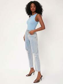 SHEIN BASICS 女士纯色圆领休闲连体衣 - 淺藍色 - 查看 4