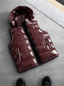 PAVTROS Rompi Katun Empuk Kasual Serbaguna Musim Dingin Pria Warna Polos dengan Resleting dan Tudung, Mantel Empuk - Burgundy - View 3
