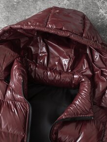 PAVTROS Rompi Katun Empuk Kasual Serbaguna Musim Dingin Pria Warna Polos dengan Resleting dan Tudung, Mantel Empuk - Burgundy - View 4