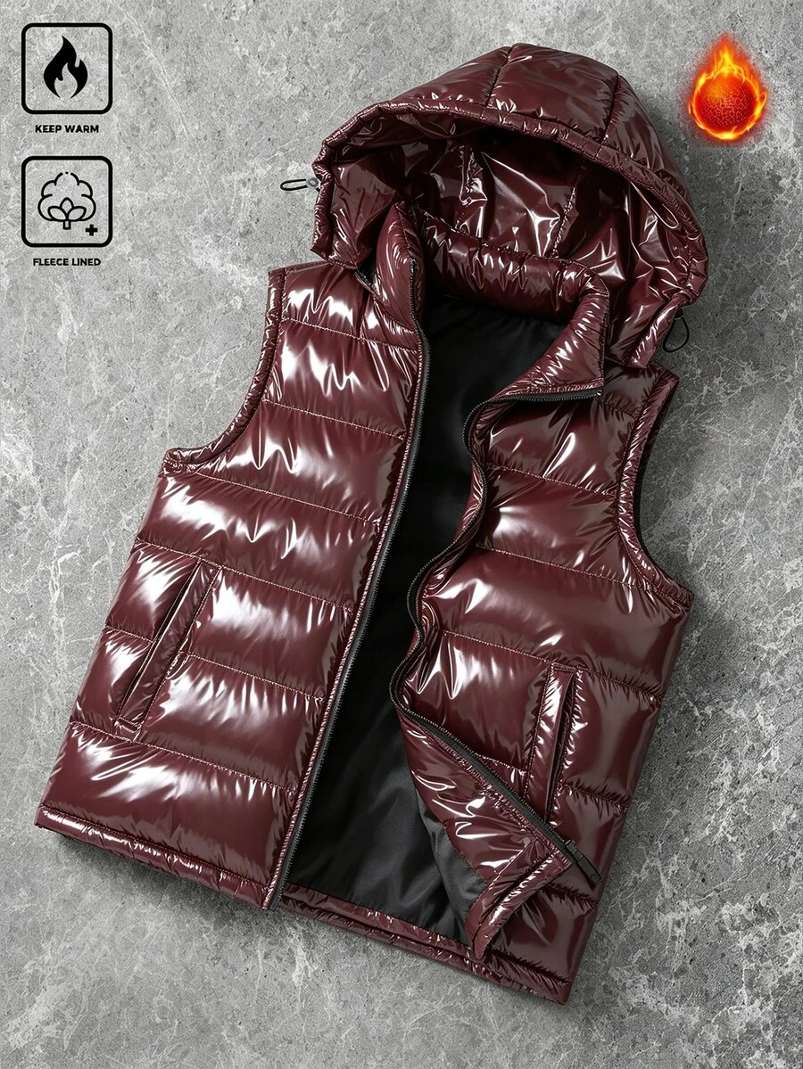 PAVTROS Rompi Katun Empuk Kasual Serbaguna Musim Dingin Pria Warna Polos dengan Resleting dan Tudung, Mantel Empuk - Burgundy - View 1