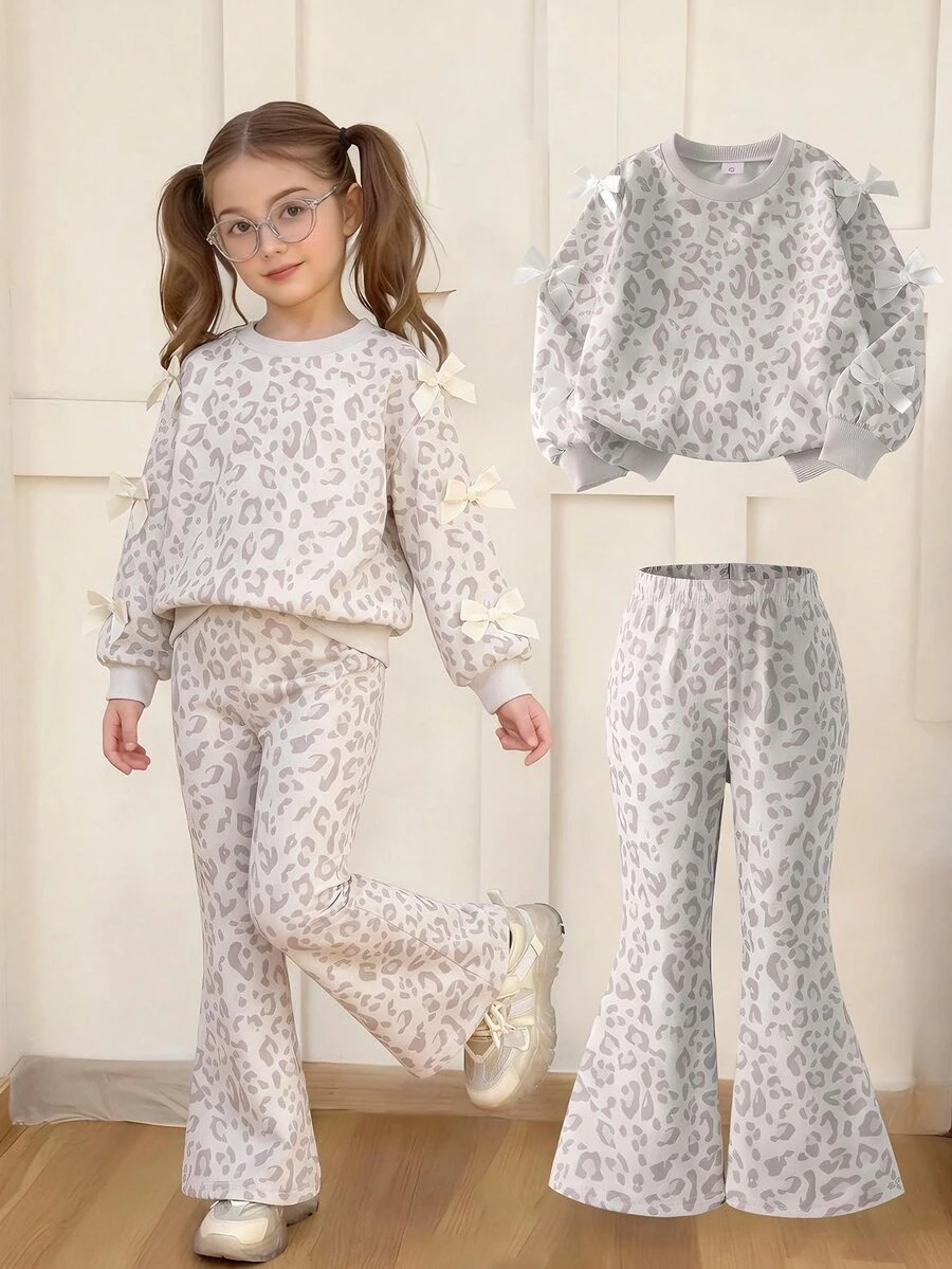 SHEIN Elladie kids Tween Girls Striped Bow Decor 2-Piece Outfit, Waffle Knit Long Sleeve Top & Ribbed Flare Pants Set - Grey - View 1