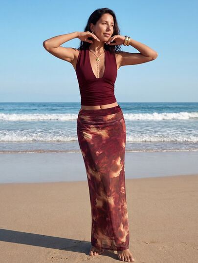 Nevyona Women's Vacation Solid Deep V Halter Top And Tie-Dye Mini Skirt 2 Pieces Set Z9v7r Ladies Dresses Zanea Dress For Woman