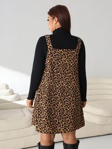 Solflare Plus Size Women Solid Color Stand Collar Long Sleeve T-Shirt Leopard Print Strap Dress 80s 90s 2 Pieces Set Fall Birthday Black Brown - Multicolor - View 2